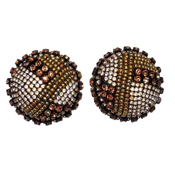 VINTAGE 1/20 14K G.F. CLEAR & AMBER CRYSTAL & GOLD SEED BEAD DOME EARRINGS - Picture 1 of 16